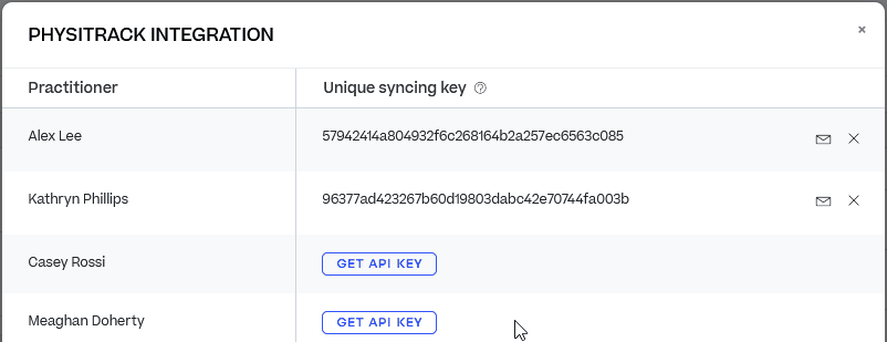 The Physitrack Integration pop-up, with syncing keys for each practitioner shown