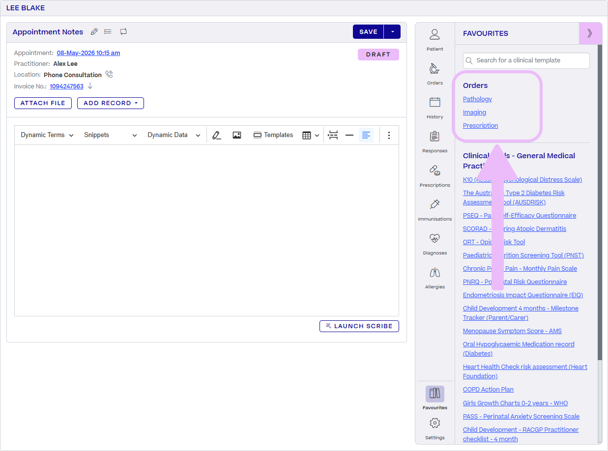 A "favourites" list of clinical templates is displayed to the right of a clinical note